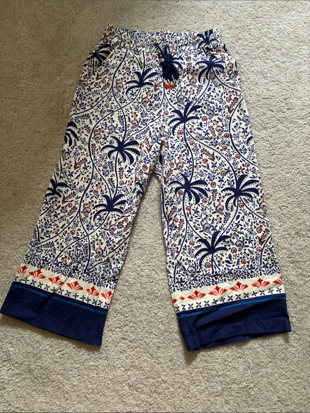 White Cropped Drawstring Pants with Navy Palm Print